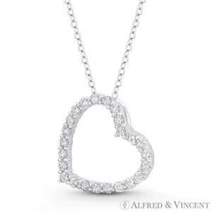 Sideways-Heart Charm CZ Crystal Pave Sliding Pendant in .925 Sterling Silver